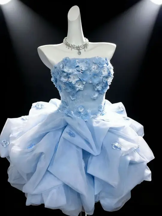 French Chic Pale Blue A-Line Strapless Applique Organza Bodycon Mini Dress Homecoming Dress RS174