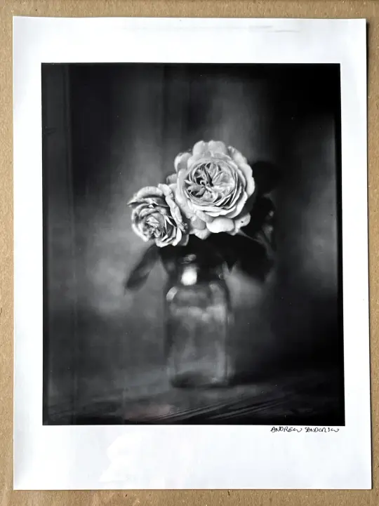 Two Roses in a vintage glass bottle.