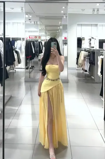 Yellow strapless sexy fitted waist slit long ball gown R7907