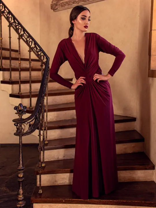 Art Deco Ruched Gown in Crimson