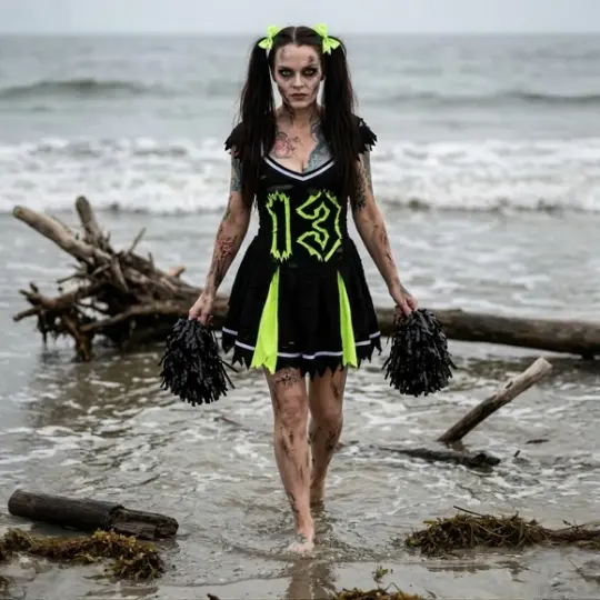 Distressed Z.O.M.B.I.E Cheerleader Costume Set in Black & Neon Green