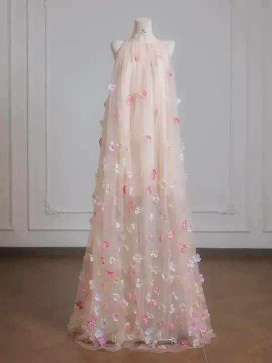 Pink sleeveless 3D floral straight long ball gown R8229