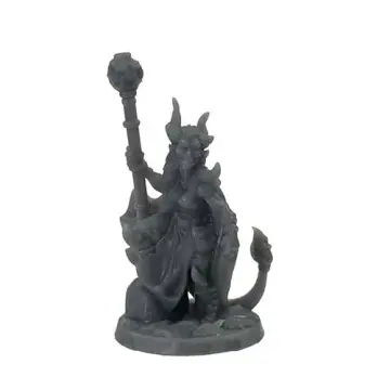 Unpainted 32mm 3D-printed horned tiefling sorceress kneeling with a faceted orb stave and a curling tail — tabletop RPG miniature for D&D, Pathfinder & wargaming