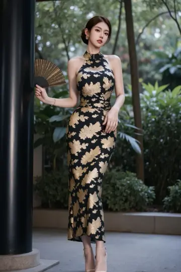 Black and gold floral print sleeveless long ball gown with a fitted waist R7527