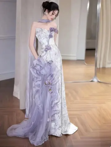 Lavender Elegant Prom Dress ,Sheath Strapless Applique Bodycon Maxi Evening Dress RS1185