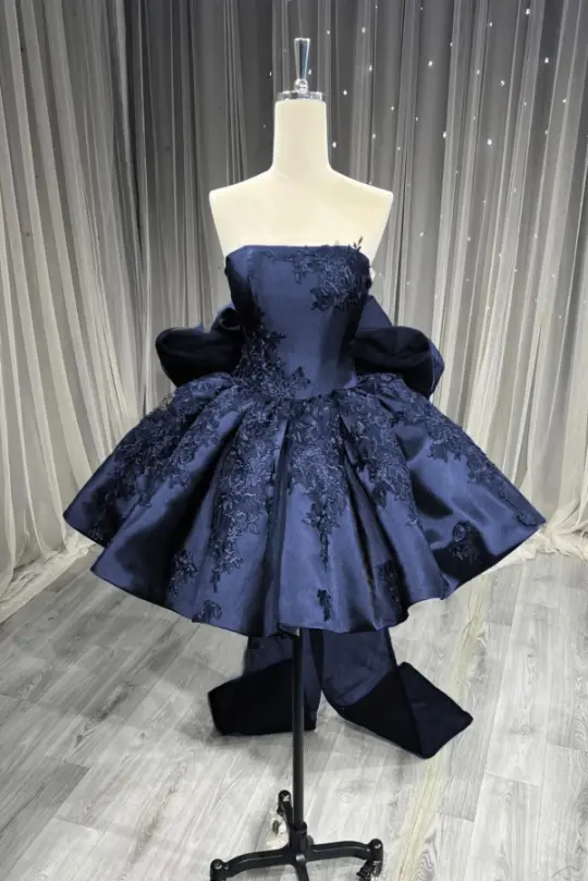 Embroidered Satin Corset Homecoming Dress , Stunning Navy Short Prom Dress Birthday Dress RS2132