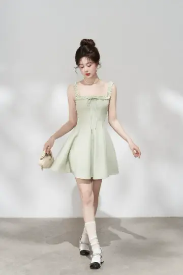 Minimalist Mint Green Flare Dress, Women's Square Neck with Ruffled Straps and Tie Detail Mini Dress R9330