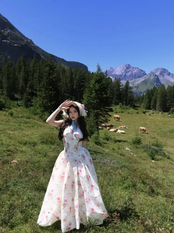 CottageCore Floral Chiffon Flowy Prom Gown White Women's Maxi Birthday Dress Casual Dress RS2993
