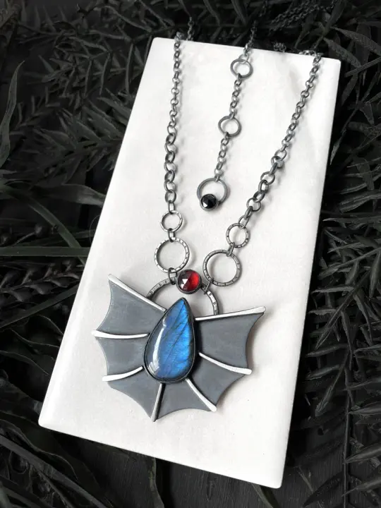 Labradorite and Garnet Bat Pendant