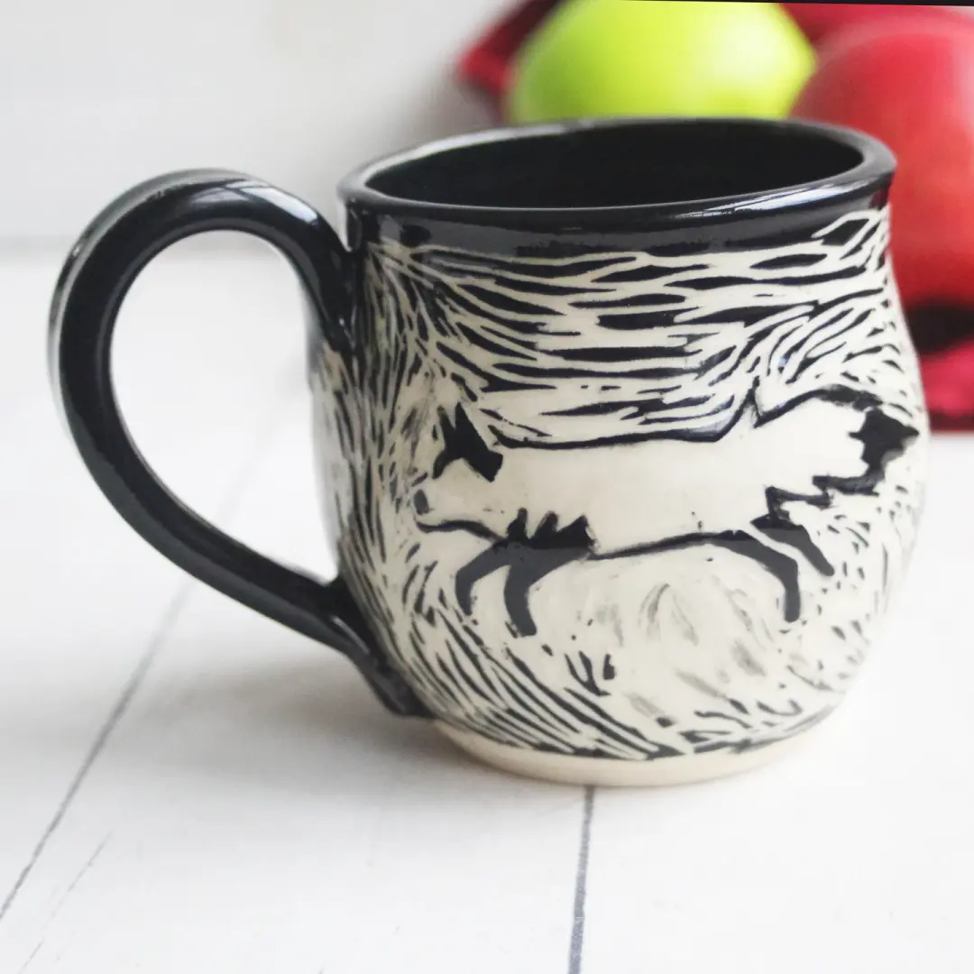 Handmade Fox Sgraffito Mug, 12 oz., Hand Carved Fox Design, Artful Coffee Cup Ready to Ship Made in