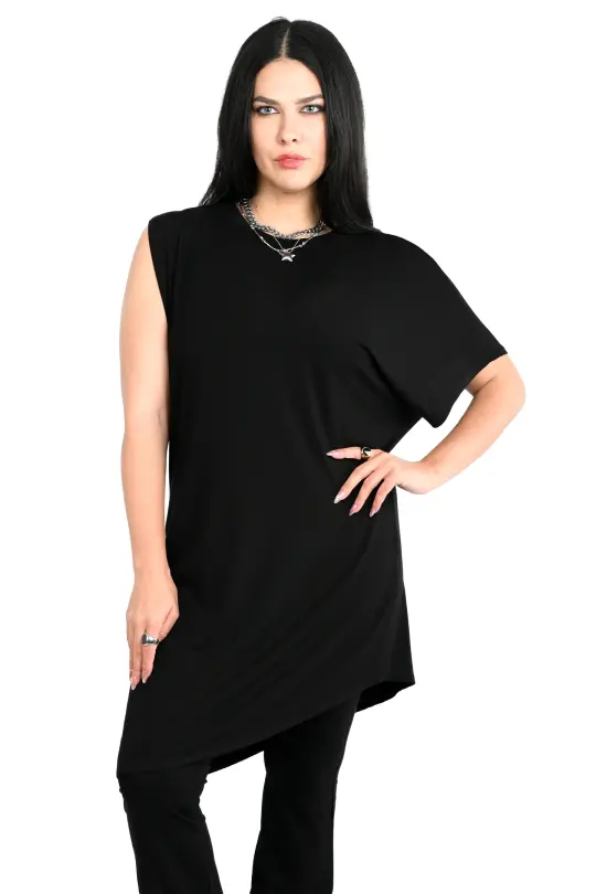 Black No.1 Asymmetrical Tunic Top - No Restock! - XS/S/3XL/4XL left!