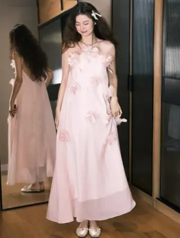 Sweet Chiffon Applique Prom Gown Pink Women's Maxi Evening Dress Birthday Dress RS2788