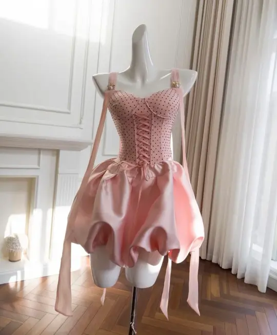 Pink Strapless Polka Dot Satin Skirt Homecoming Dress R3377