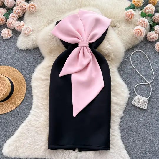 French style tube top dress summer three-dimensional bow slit waist slim dress R2303