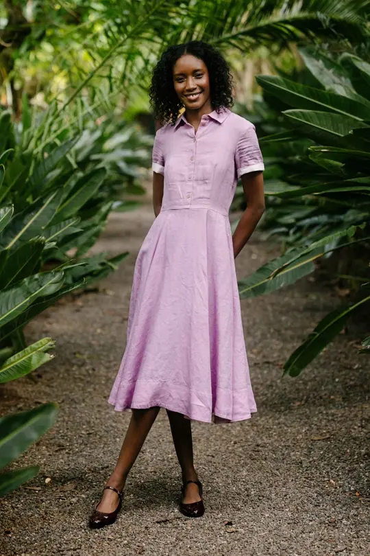 Frida – Short Sleeve Linen Dress with Shirt Collar