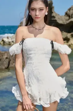 White one-shoulder slim waist A-line lace skirt short skirt homecoming dress R4554