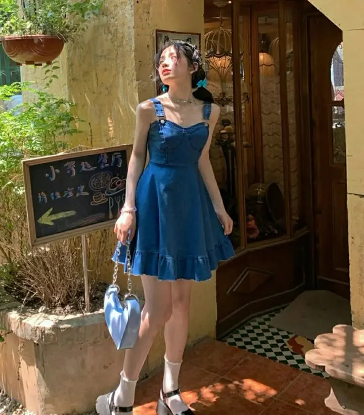 Blue denim suspenders waist A-line short skirt homecoming dress R3443
