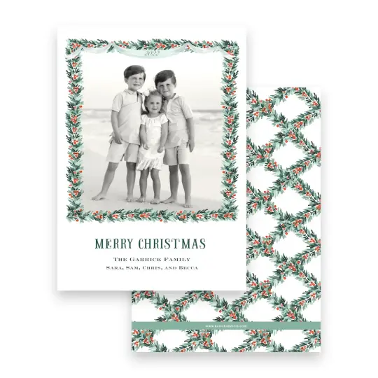 Watercolor Red Berry Pine Garland with Lattice Border & Back Portrait Holiday Card