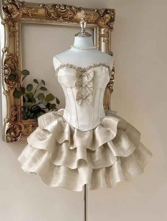 Stunning Ivory Homecoming Dress , Ruffled Silky Satin Corset Short Prom Dress RS1750