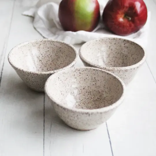 Set of Three Rustic Prep Bowls in Heavily Speckled Brown Stoneware, Handmade Pottery Bowls USA
