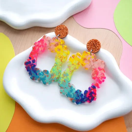 Rainbow and Copper Glitter Laser Cut Acrylic Hoop Statement Earrings