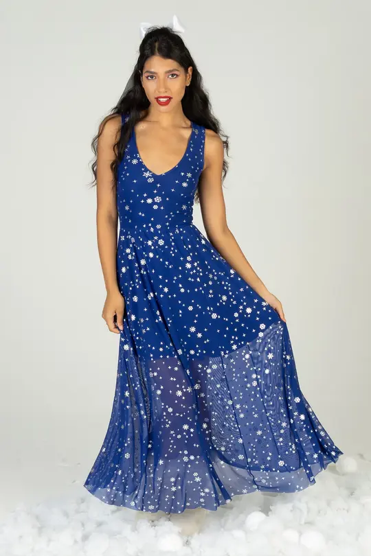 Christmas Star Blue V Neck Maxi Dress