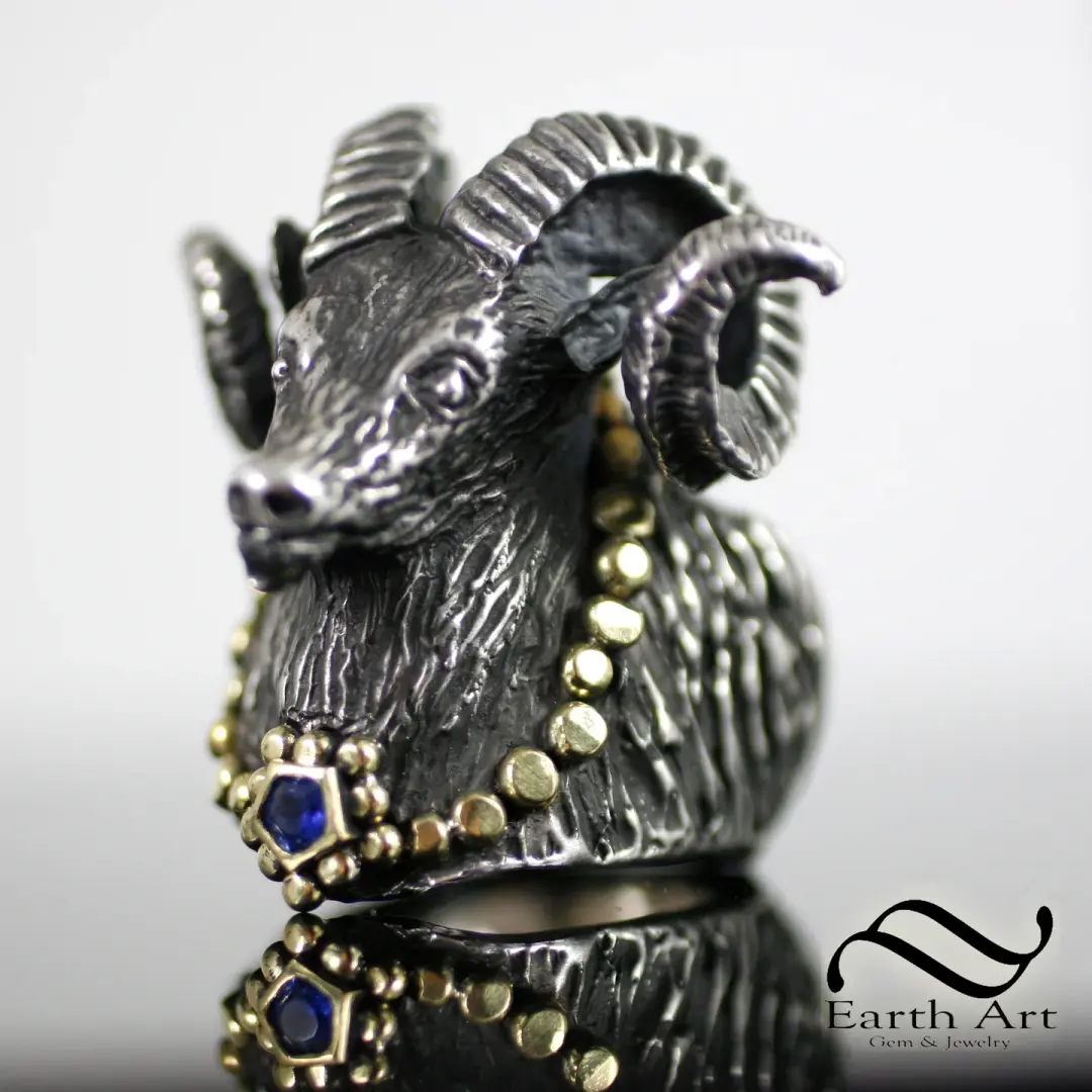 Rams Head Ring in 18k and Sterling with Sapphire