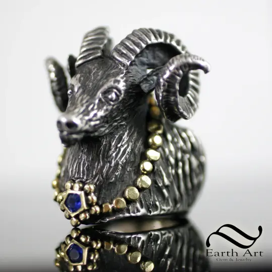 Rams Head Ring in 18k and Sterling with Sapphire