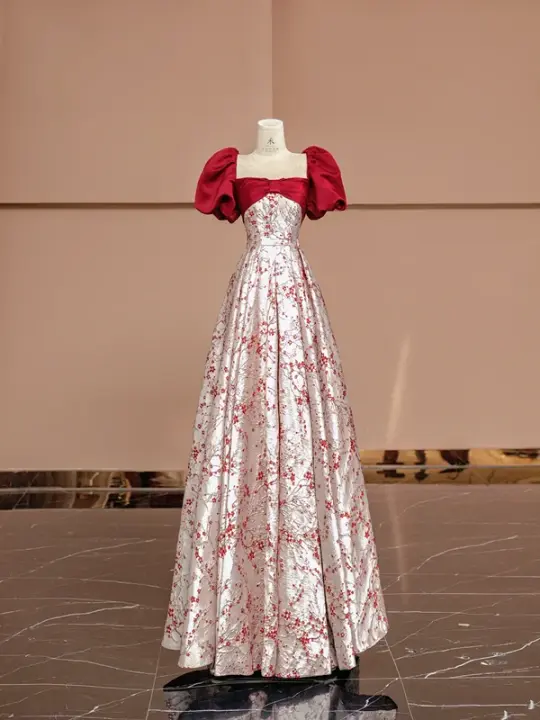 Red square neckline, fitted waist, elegant long ball gown with red floral print; bridal gown R8389