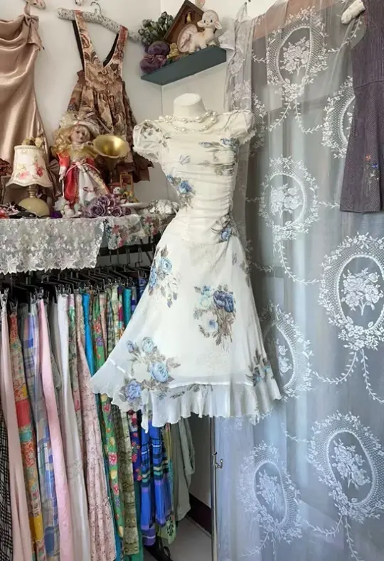 White Waist-Cinched Slim-Fitted Sexy Ball Gown with Light Blue Prints R7410