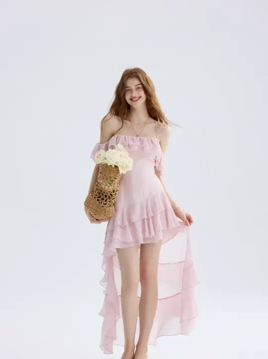 Watercolor flower path pink dress high-grade suspender skirt short skirt female summer R3422