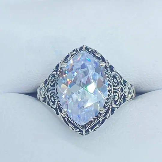 White CZ Ring, Size 6, Marquise Cut Gemstone, Art Deco Filigree Jewelry #D201 - Ready to Ship