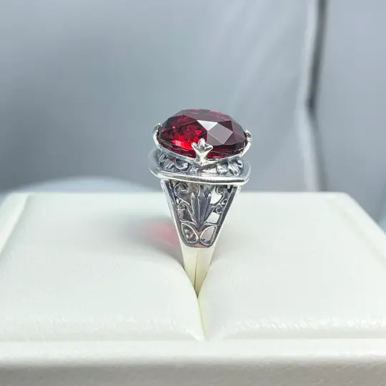 Ruby Ring, size 7, Round Cut, Lotus Art Deco Filigree, D130 - Ready to Ship