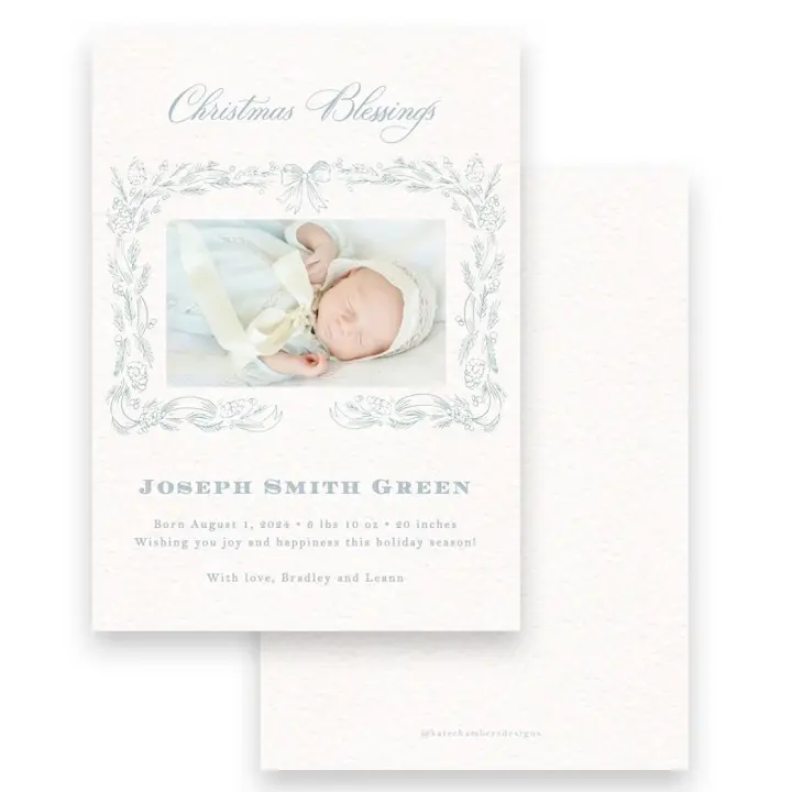Christmas Blessings light blue garland with bow Holiday Card / Birth Announcement