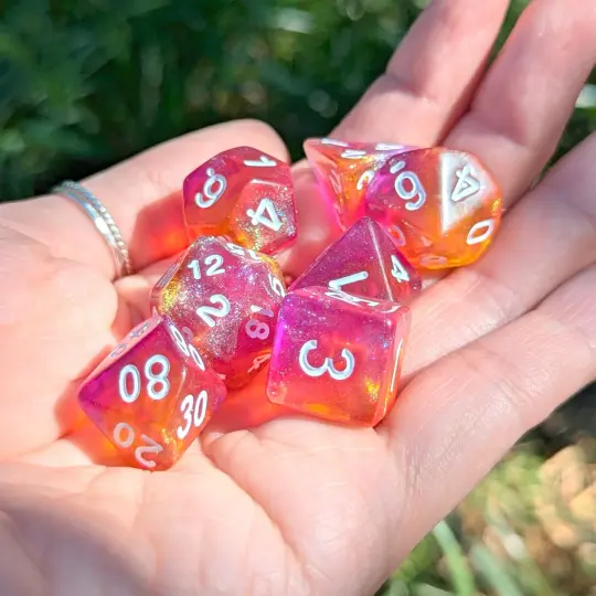 Purple Orange Will O Wisp Dice Set – 7-Piece Acrylic Shimmer Glitter DnD Dice
