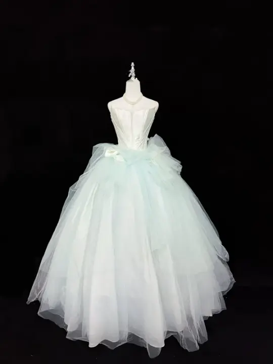 White strapless fitted bodice with light green tulle skirt, long ball gown R9051