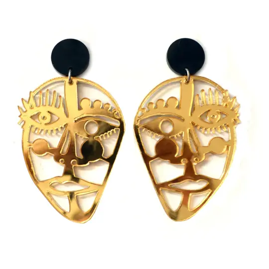 Gold Acrylic Laser Cut Outline Face Earrings