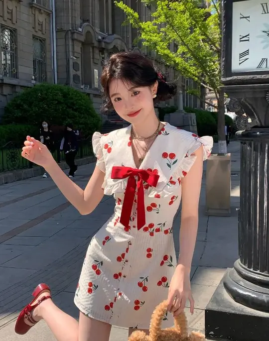 White baby doll collar cute style cherry print waist slim fit short skirt homecoming dress R4043