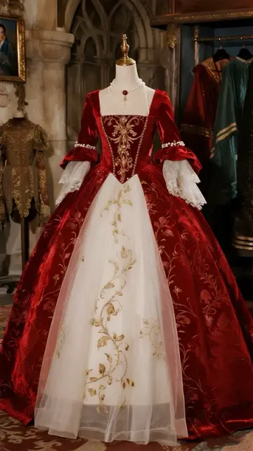 Red vintage long sleeve slim waist puffy skirt ball gown, bridal gown R6091