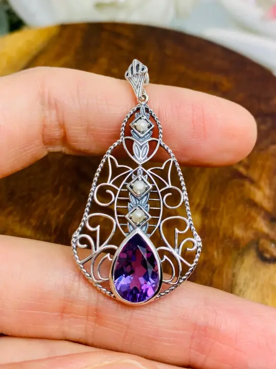 Natural Amethyst Pendant, Pearl Accented Lavalier Necklace, Victorian Jewelry P22 - Ready to Ship