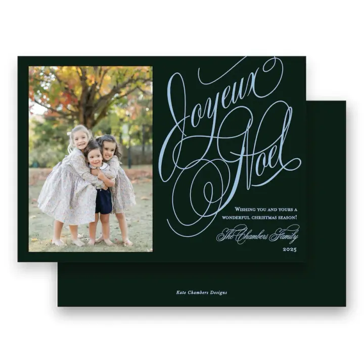 Forest and Blue Slanted "Joyeux Noel" Landscape Holiday Card