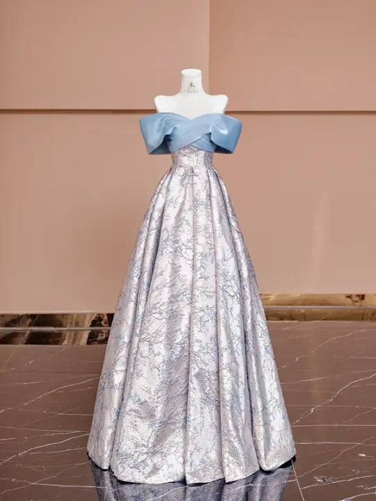 Light blue off-the-shoulder neckline, fitted waist, vintage print long ball gown R8418
