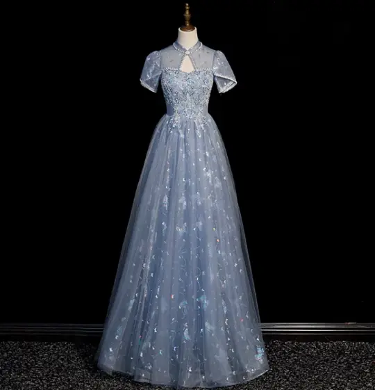 Gentle Blue Prom Gown , Sequins Tulle Embroidery Corset Maxi Evening Dress Birthday Dress RS1406