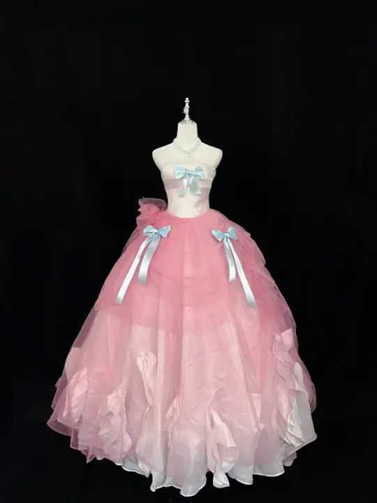 Light pink strapless, fitted waist, full skirt, long ball gown, bridal dress R9052