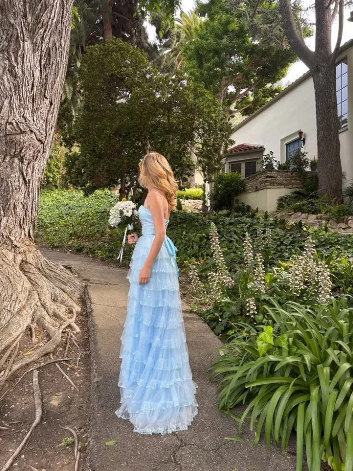Fresh Tulle Ruffled Hazy Prom Gown Baby Blue Women's Maxi Birthday Dress Casual Dress RS2972