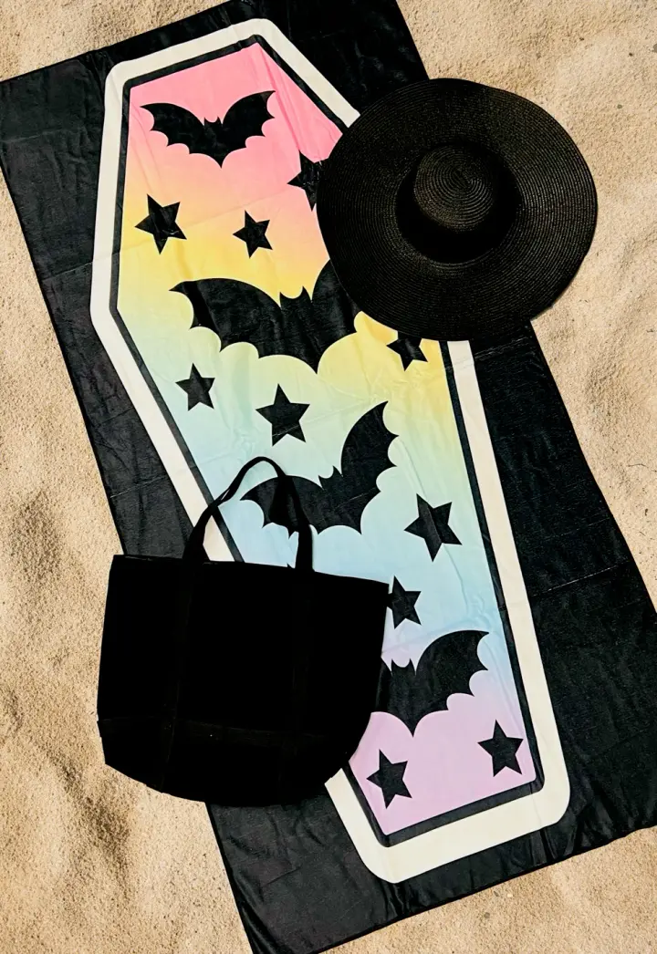 Beach Towel PASTEL Rainbow Batty Coffin - Pastel Goth Beach Towel - Kawaii Gothic Decor