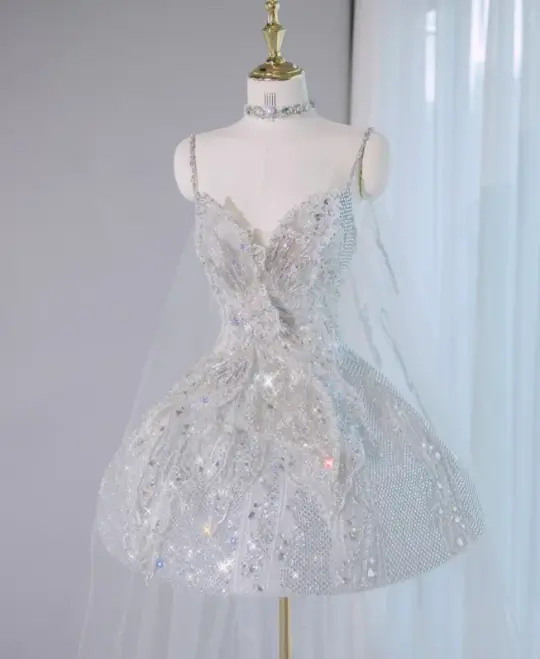 Silver strap diamond-studded high-end neckline waist puffy skirt short skirt homecoming dress R4159