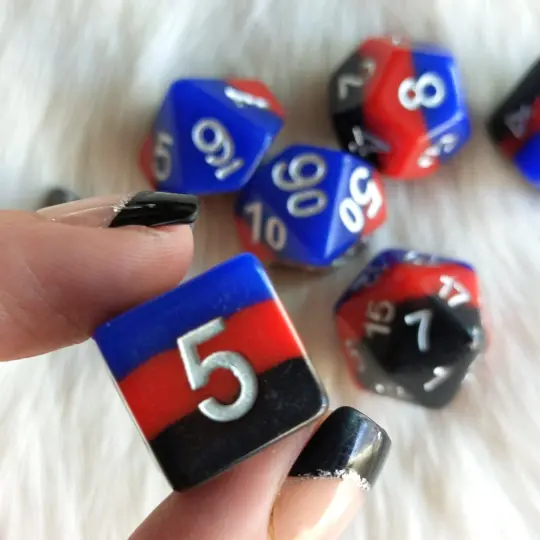 Windsor Castle Dice Set – 7-Piece Layered Black Red Blue Silver Font DnD Dice