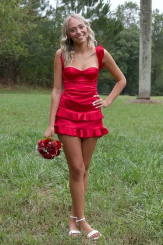 Red suspender waist slim A-line short skirt homecoming dress R5608