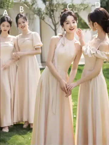 Champagne satin slim waist long ball gown, bridesmaid dress R6113